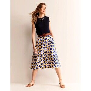 Boden Hattie Poplin Midi Skirt Womens Size 20LBlue Yellow Floral pockets A-line